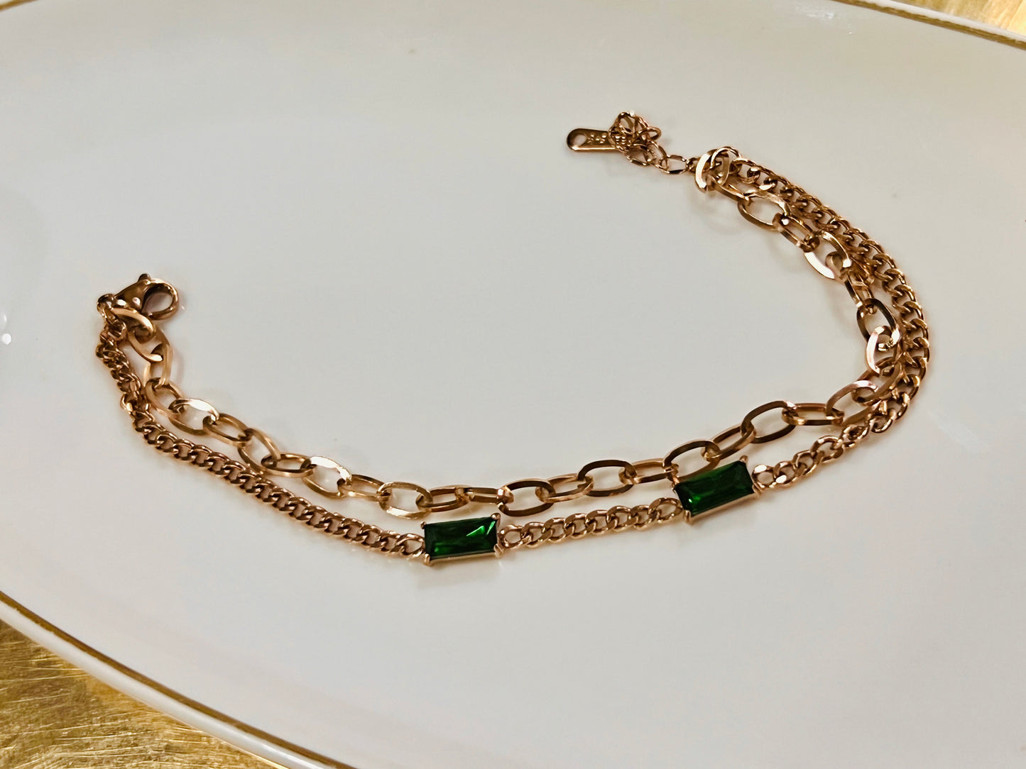 Emerald Stone Studded Golden Chain Bracelet